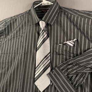 Prime Time Dress Shirt Mens 19.5 36/37 Black‎ White Stripe Tie Cufflinks Formal